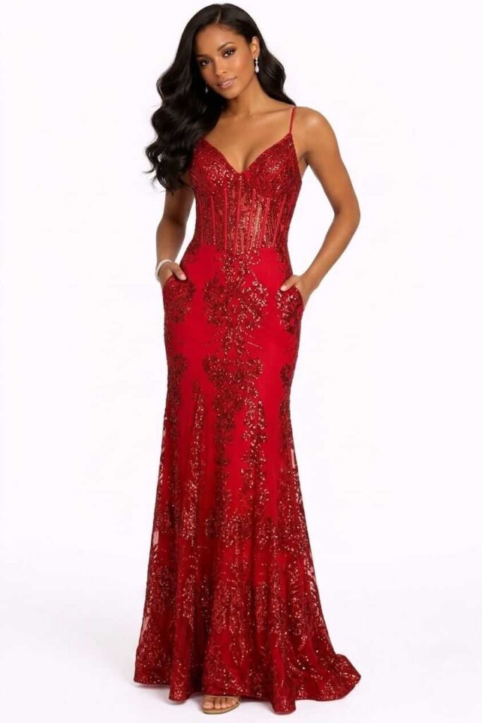 Red embellished mermaid gown for a formal dinner date in the Caribbean