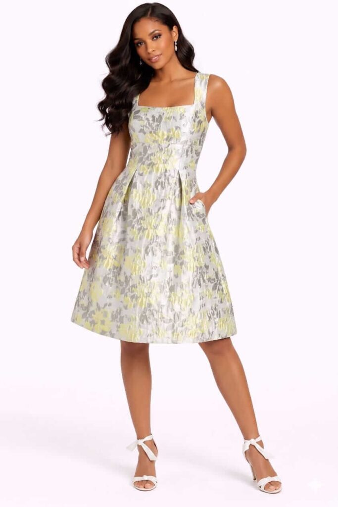 Elegant metallic jacquard cocktail dress for an evening dinner in Tortola
