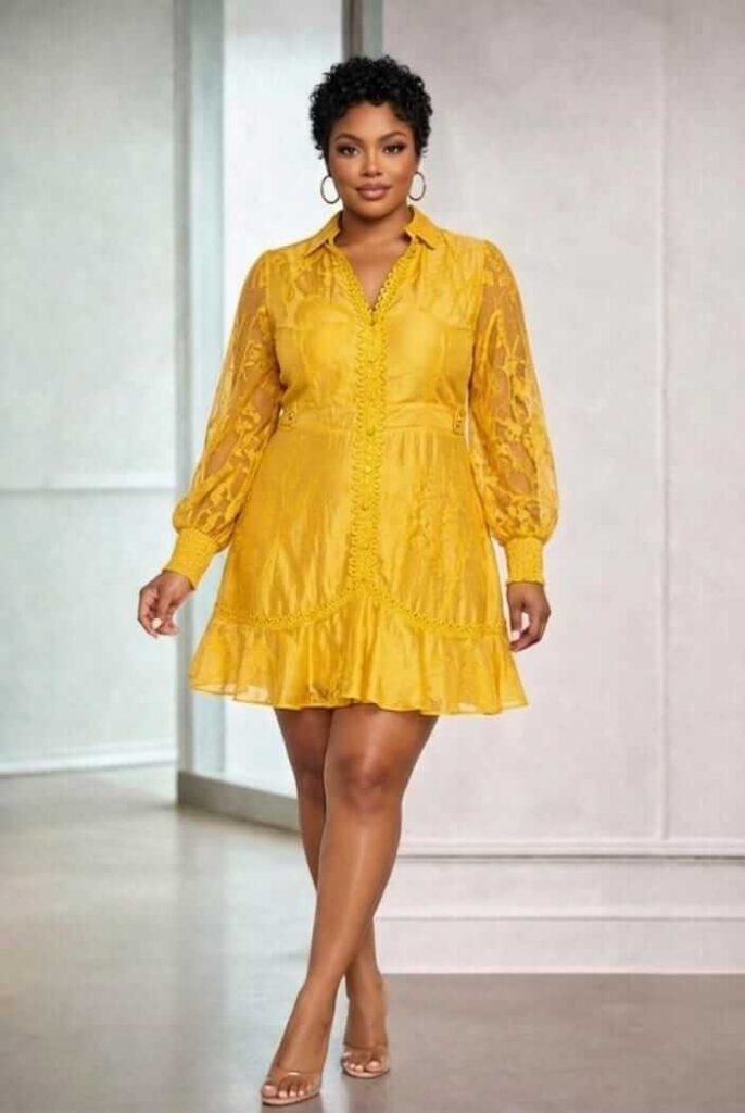 Light yellow summer dress with lace sleeves worn in warm weather
