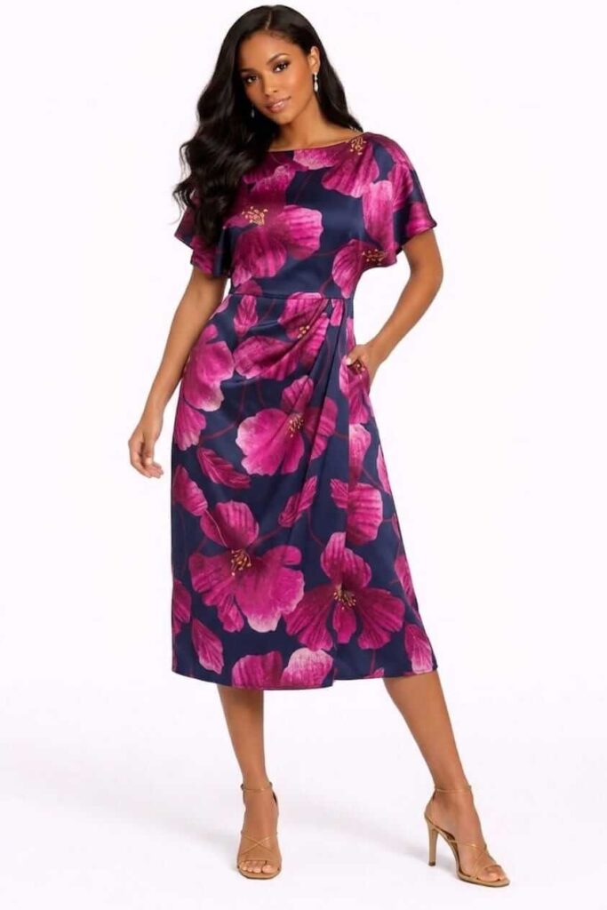 Navy floral midi dress with elegant flutter sleeves.