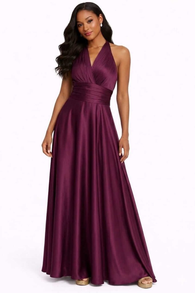 Deep purple satin halter gown for an evening wedding guest outfit