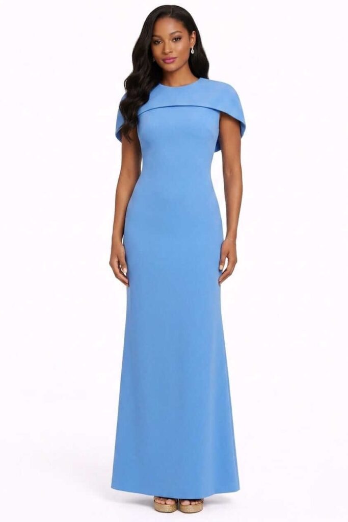 Elegant blue cape gown worn at a Caribbean wedding event