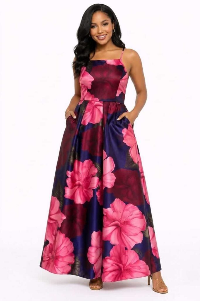 Elegant floral gown worn at a Caribbean wedding with pink and navy print
