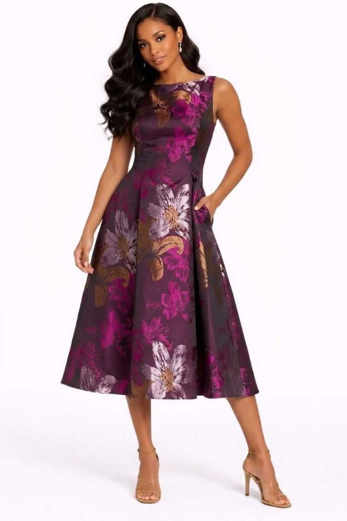 Elegant floral jacquard midi dress for a wedding guest in the Caribbean