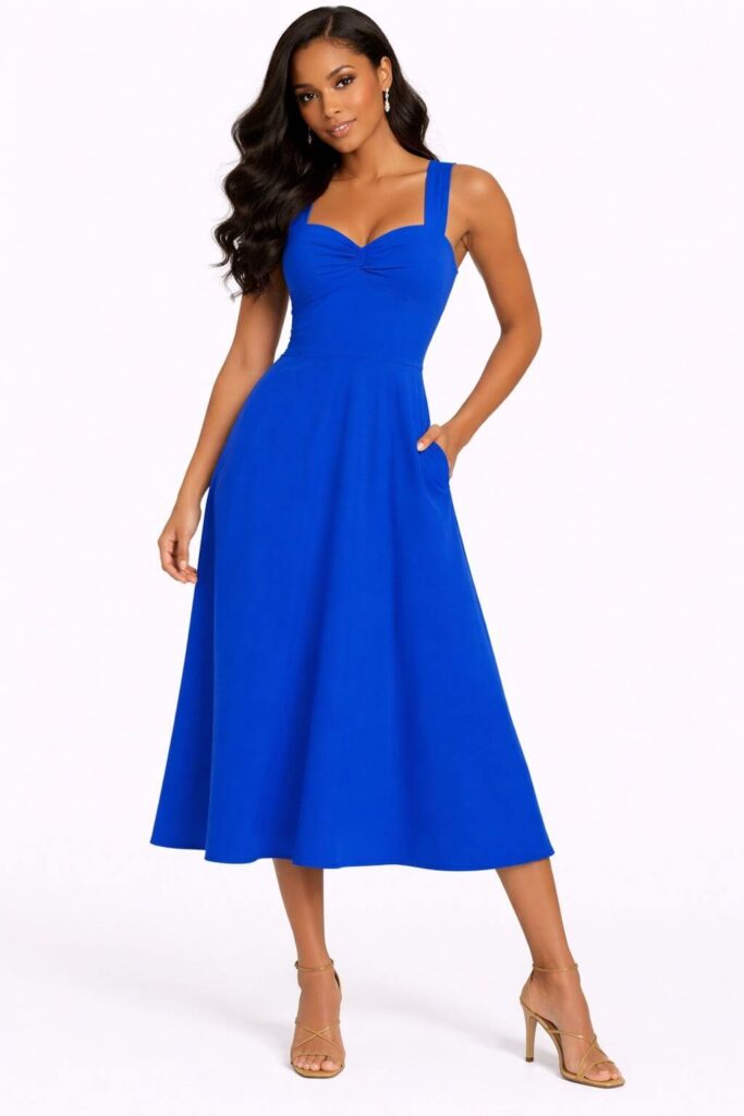 Elegant cobalt blue cocktail dress for a dinner date in BVI
